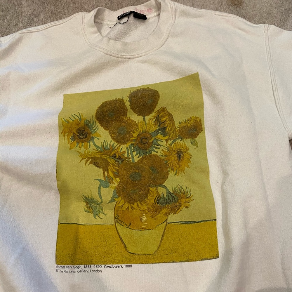 White crew neck, Vincent Van Gogh flowers.